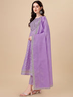 HERE&NOW Purple Floral Printed Pure Cotton A-Line Kurta & Trousers With Dupatta | Grocsy