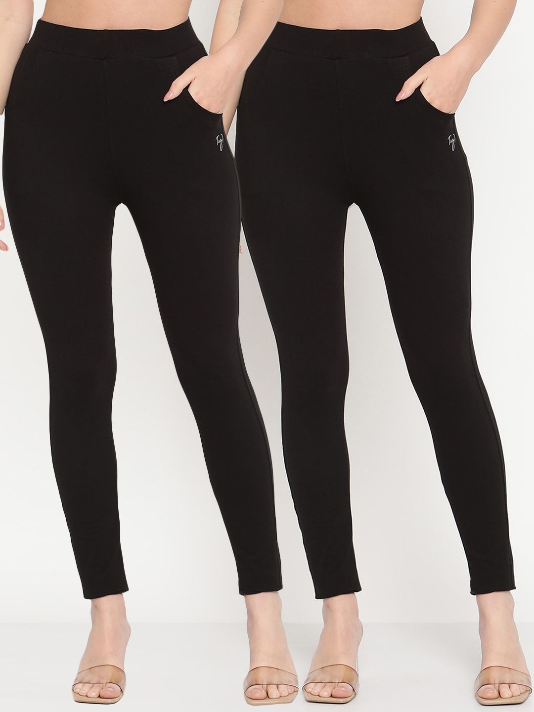TAG 7 Set Of 2 Black Solid Leggings | Grocsy