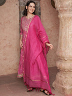 Sangria Bandhani Printed Thread Work Pure Cotton A-Line Kurta with Trousers & Dupatta | Grocsy