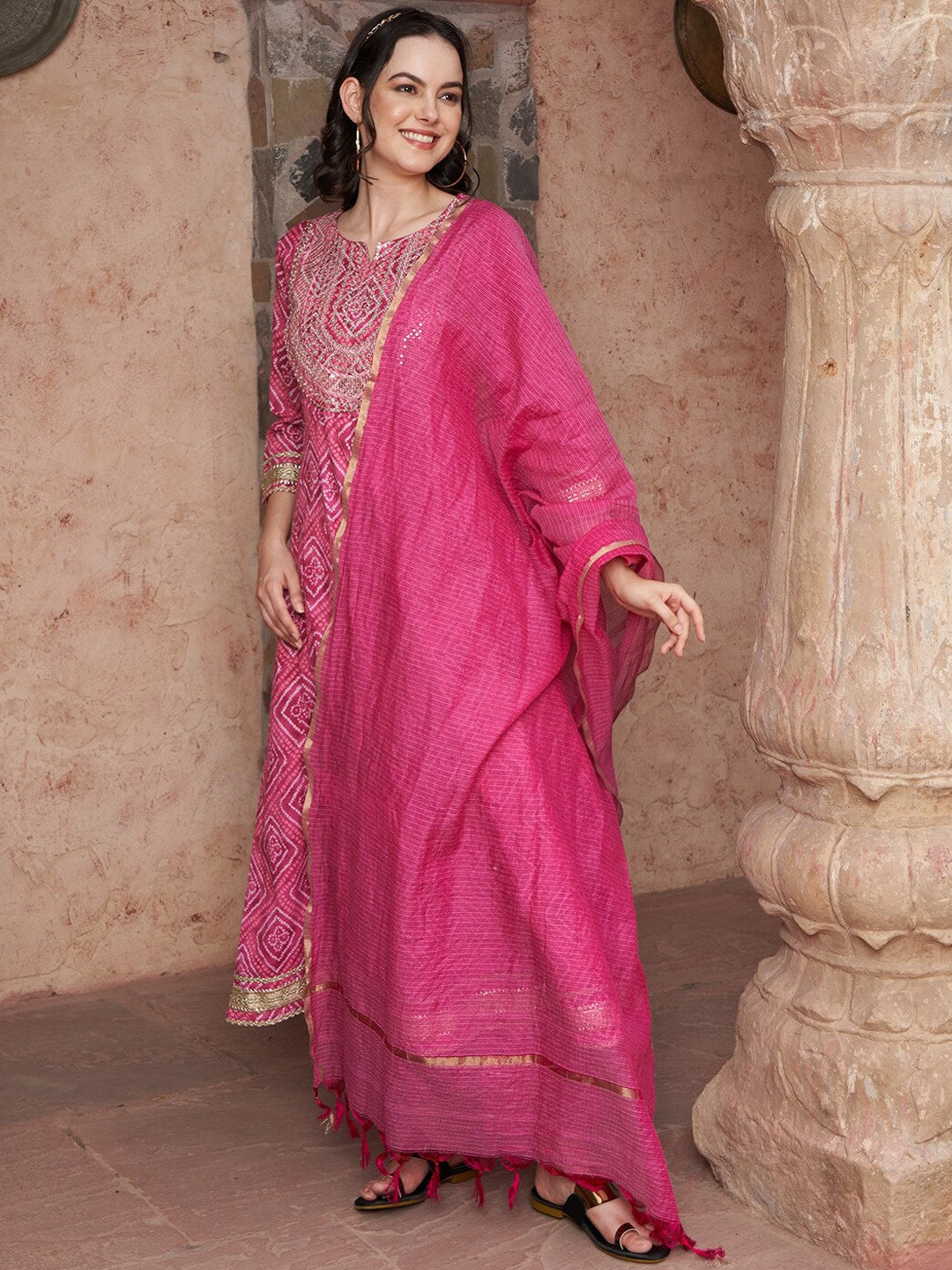 Sangria Bandhani Printed Thread Work Pure Cotton A-Line Kurta with Trousers & Dupatta | Grocsy