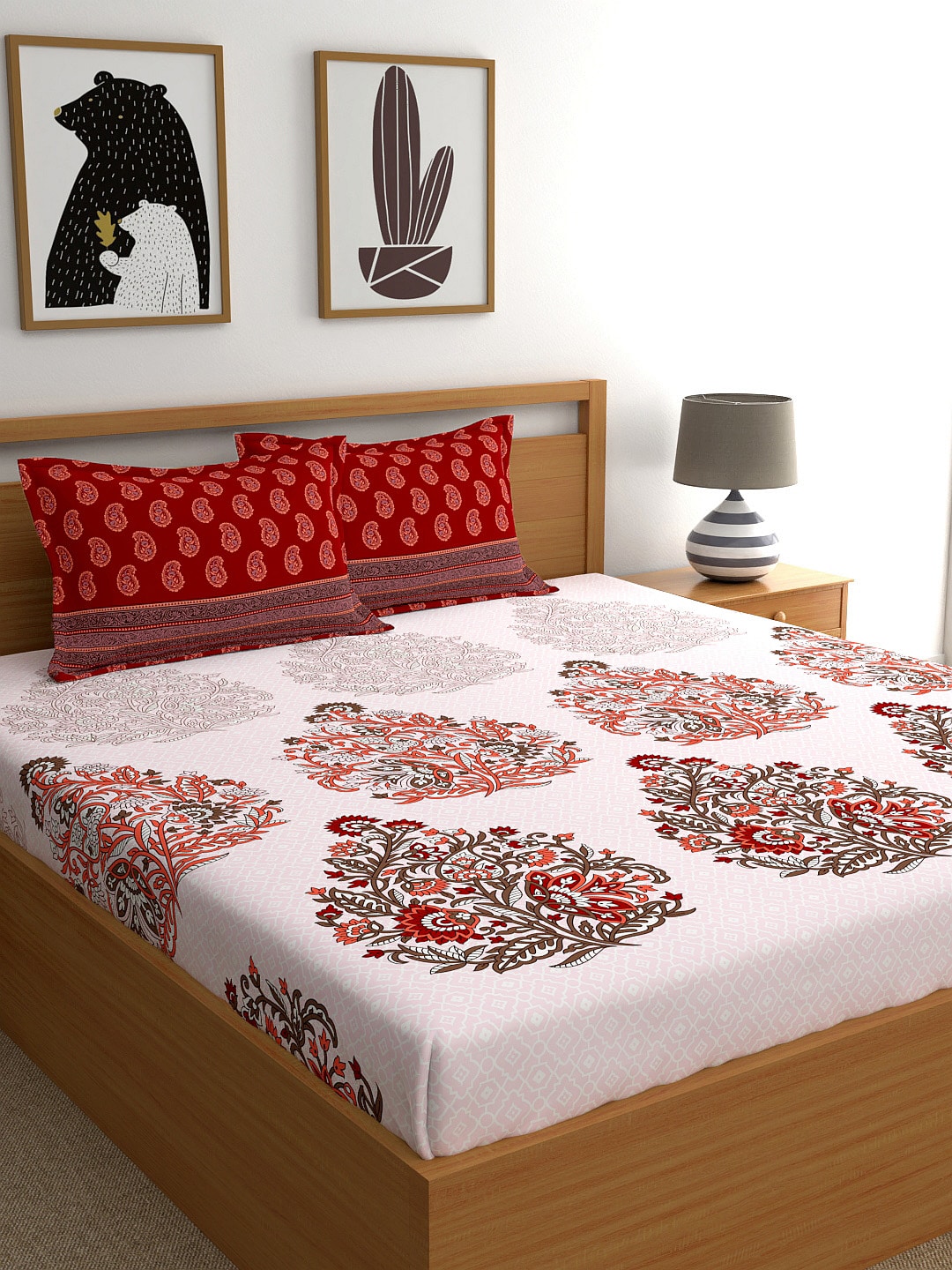 My Room Red & White Ethnic Motifs 140 TC King Bedsheet with 2 Pillow Covers | Grocsy