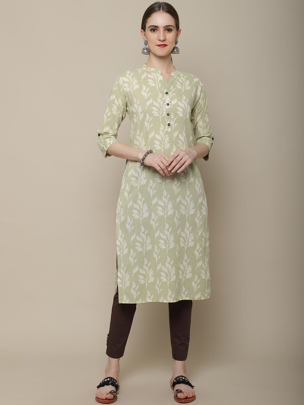 Sangria Women Olive Green & Off White Floral Printed Kurta | Grocsy