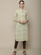 Sangria Women Olive Green & Off White Floral Printed Kurta | Grocsy
