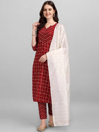 HERE&NOW Geometric Printed Pure Cotton Kurta With Trousers & Dupatta | Grocsy