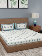 Rajasthan Decor Cream-Coloured & Blue Ethnic Motifs 180 TC Cotton 1 King Bedsheet with 2 Pillow Covers | Grocsy