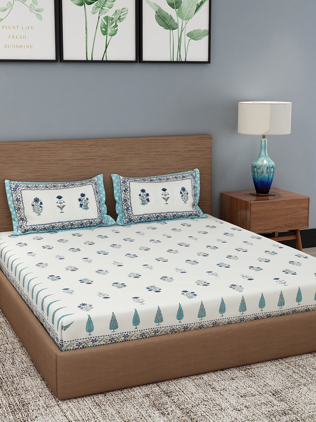 Rajasthan Decor Cream-Coloured & Blue Ethnic Motifs 180 TC Cotton 1 King Bedsheet with 2 Pillow Covers | Grocsy