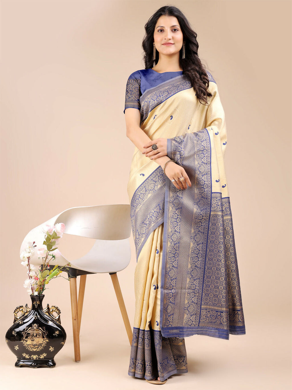 Shree Shyam Fashion Aura Silk Cream Navy Blue Banarasi Silk Saree | Grocsy