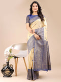 Shree Shyam Fashion Aura Silk Cream Navy Blue Banarasi Silk Saree | Grocsy