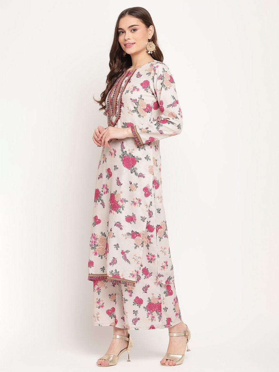 Ahalyaa Women Beige Floral Printed Regular Gotta Patti Kurta with Palazzos & With Dupatta | Grocsy