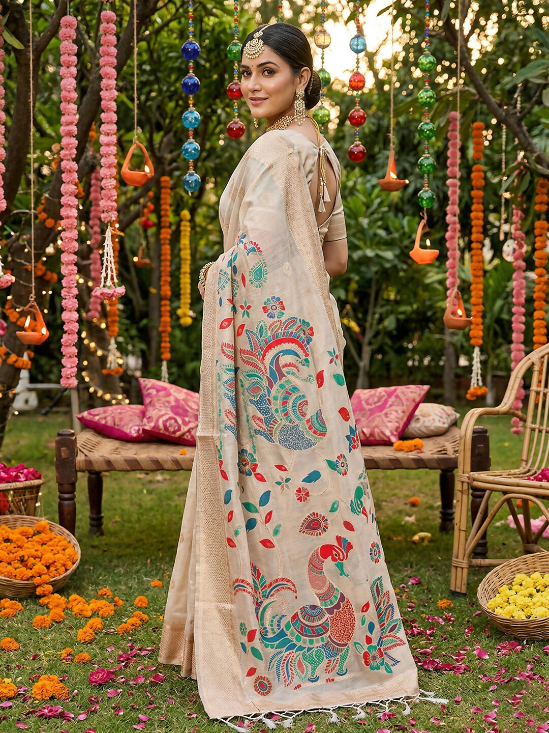 Shree Shyam Fashion Cream Linen Cotton Saree | Grocsy
