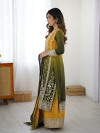 The52 Women's Gorgeous Chinon silk Fabric Embroidery Work Straight Kurta Palazzo and Dupatta Set | Grocsy