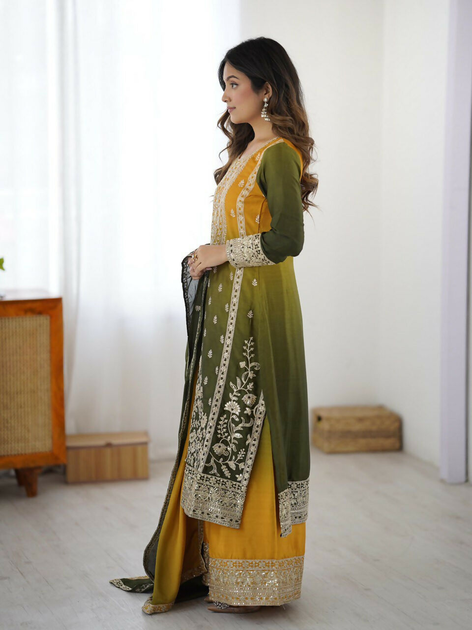The52 Women's Gorgeous Chinon silk Fabric Embroidery Work Straight Kurta Palazzo and Dupatta Set | Grocsy