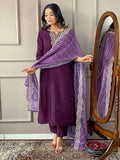 Partywear Designer Viscose Silk Wine Stitched Suit With Dupatta - Tanisha | Grocsy