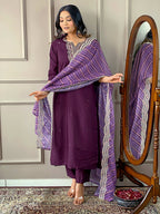 Partywear Designer Viscose Silk Wine Stitched Suit With Dupatta - Tanisha | Grocsy