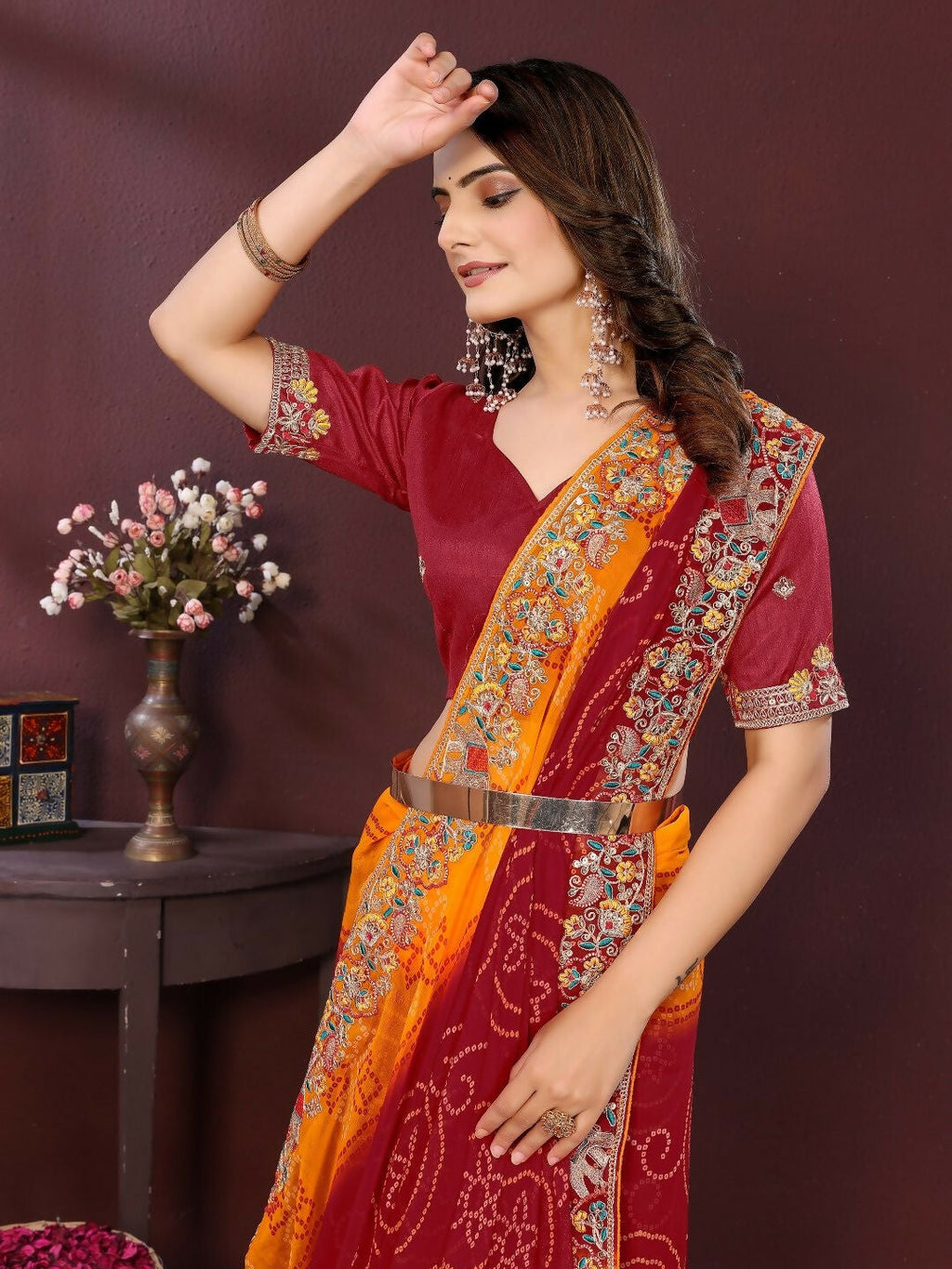 Ai Fashion Maroon Georgette Digital Print Party Wear Saree | Grocsy