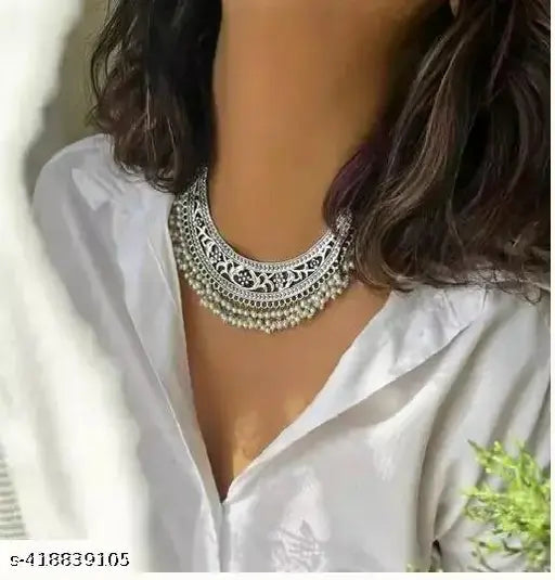 Tehzeeb Creations Women's Silver Colour Oxidised Necklace With White Pearl - Swadesiicart