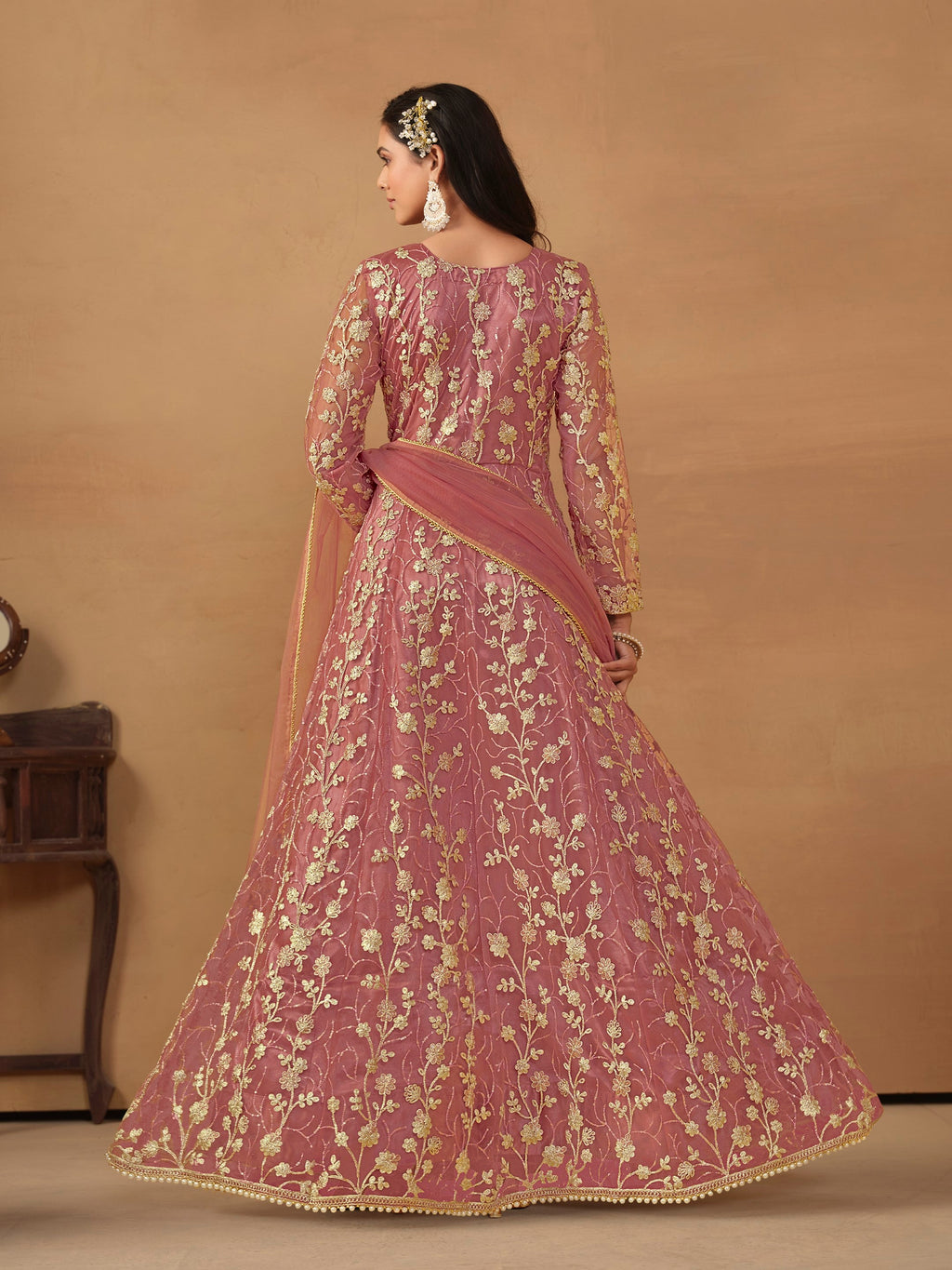 Anaita Pink Embroidered Butterfly Net Anarkali Suit | Grocsy