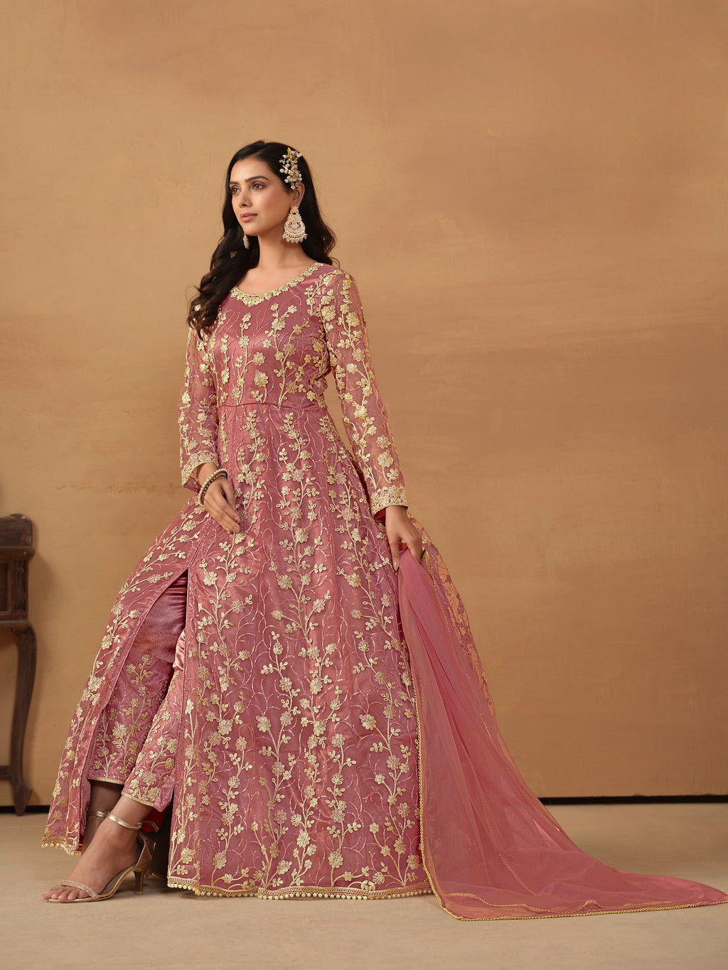 Anaita Pink Embroidered Net Anarkali Suit | Grocsy