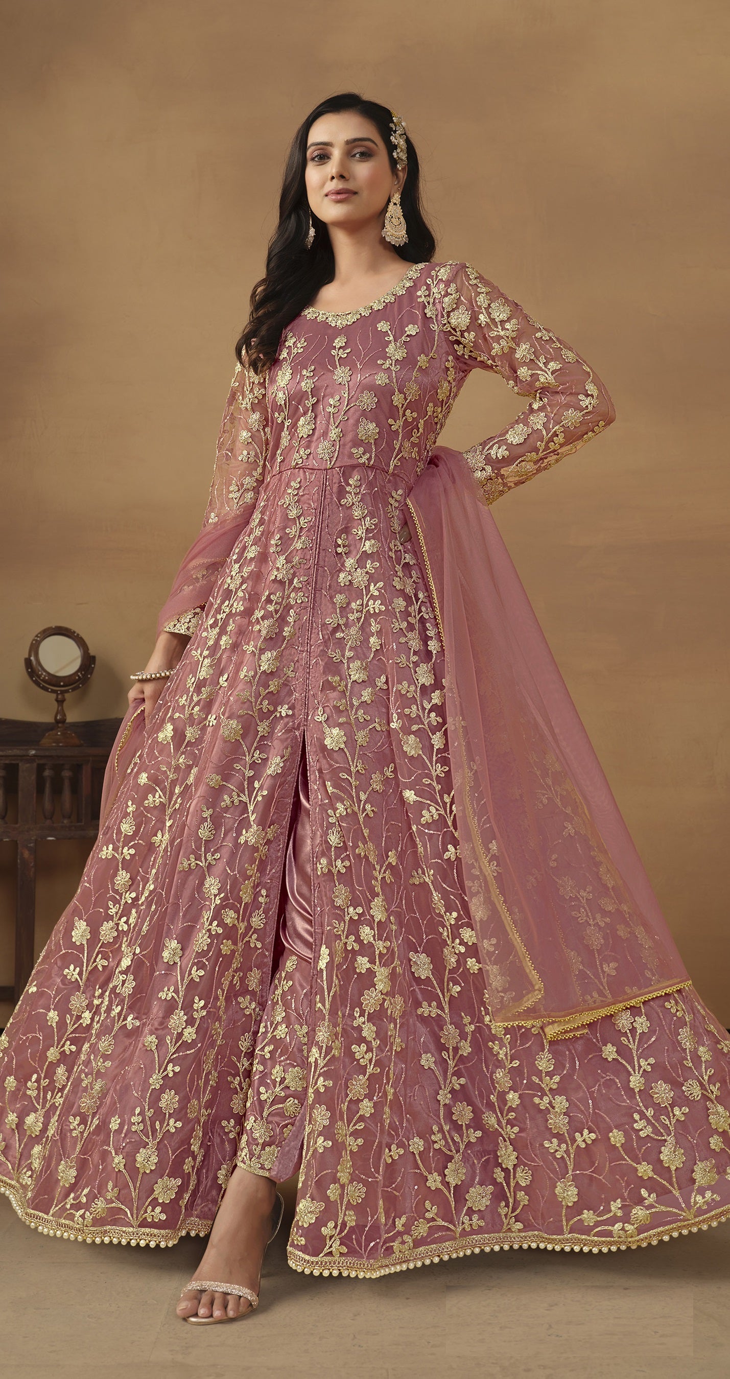Anaita Pink Embroidered Butterfly Net Anarkali Suit | Grocsy