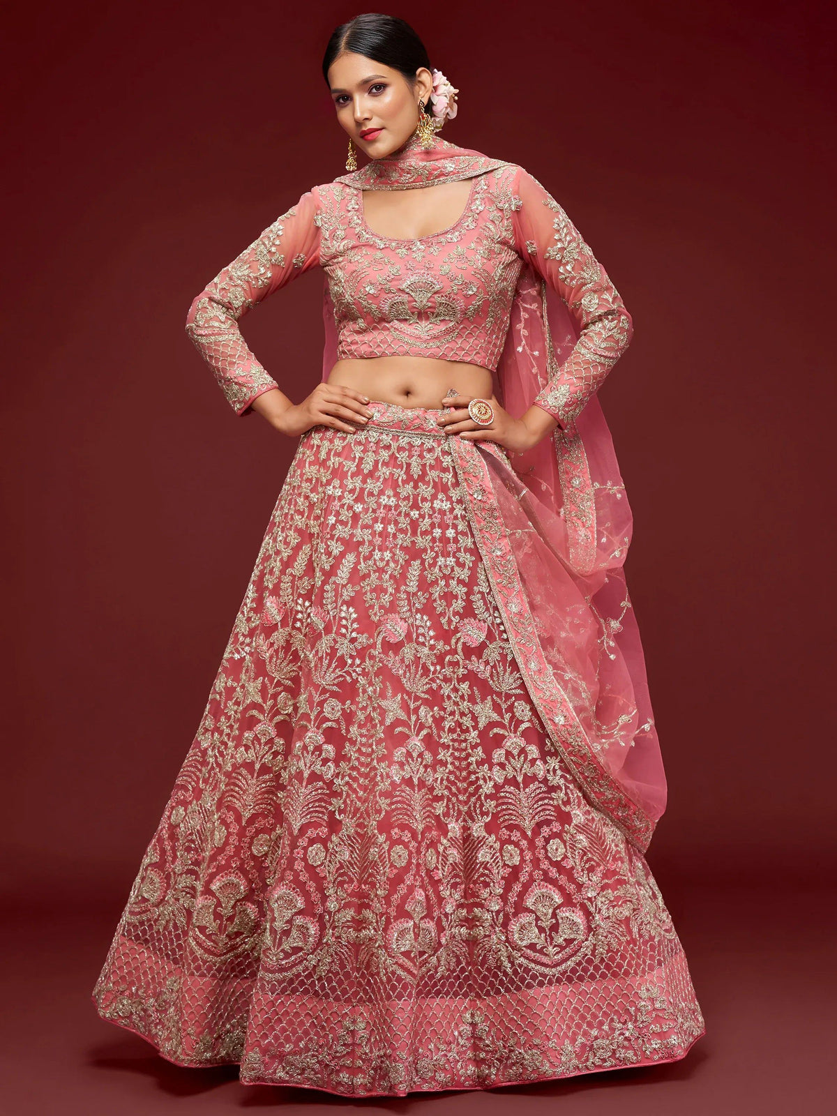 Tulsi Art Alluring Pink Dori Work Soft Net Ceremony Wear Lehenga Choli | Grocsy