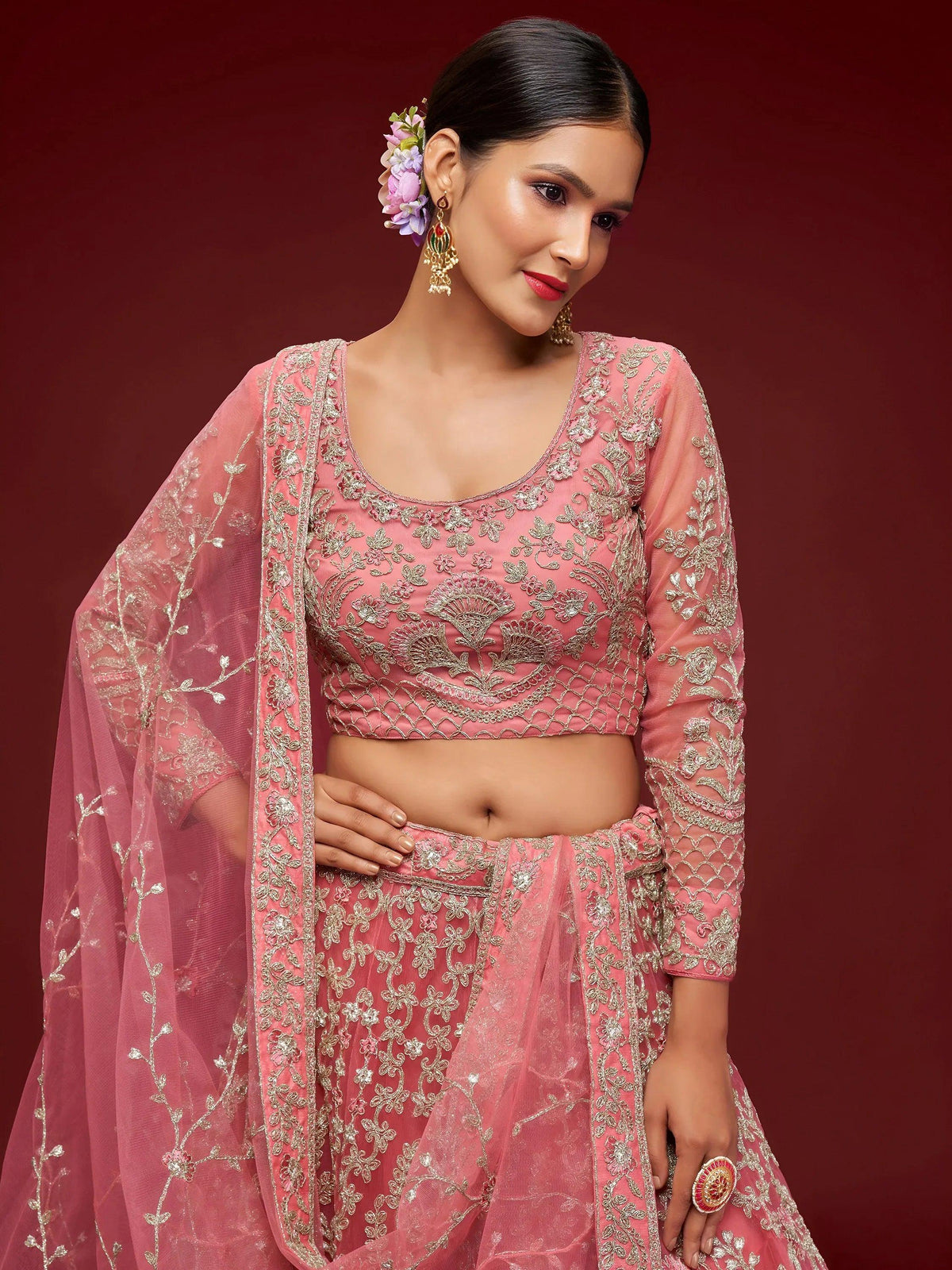 Tulsi Art Alluring Pink Dori Work Soft Net Ceremony Wear Lehenga Choli | Grocsy