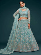 Tulsi Art Attractive Aqua Blue Embroidered Soft Net Occasion Wear Lehenga Choli | Grocsy