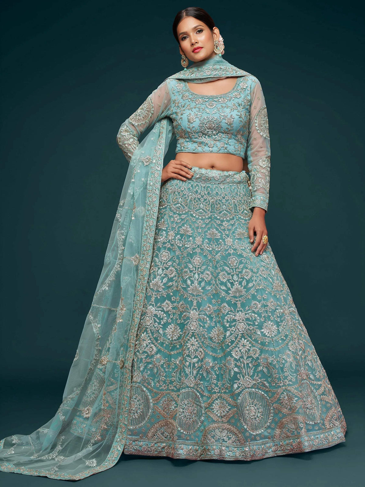 Tulsi Art Attractive Aqua Blue Embroidered Soft Net Occasion Wear Lehenga Choli | Grocsy