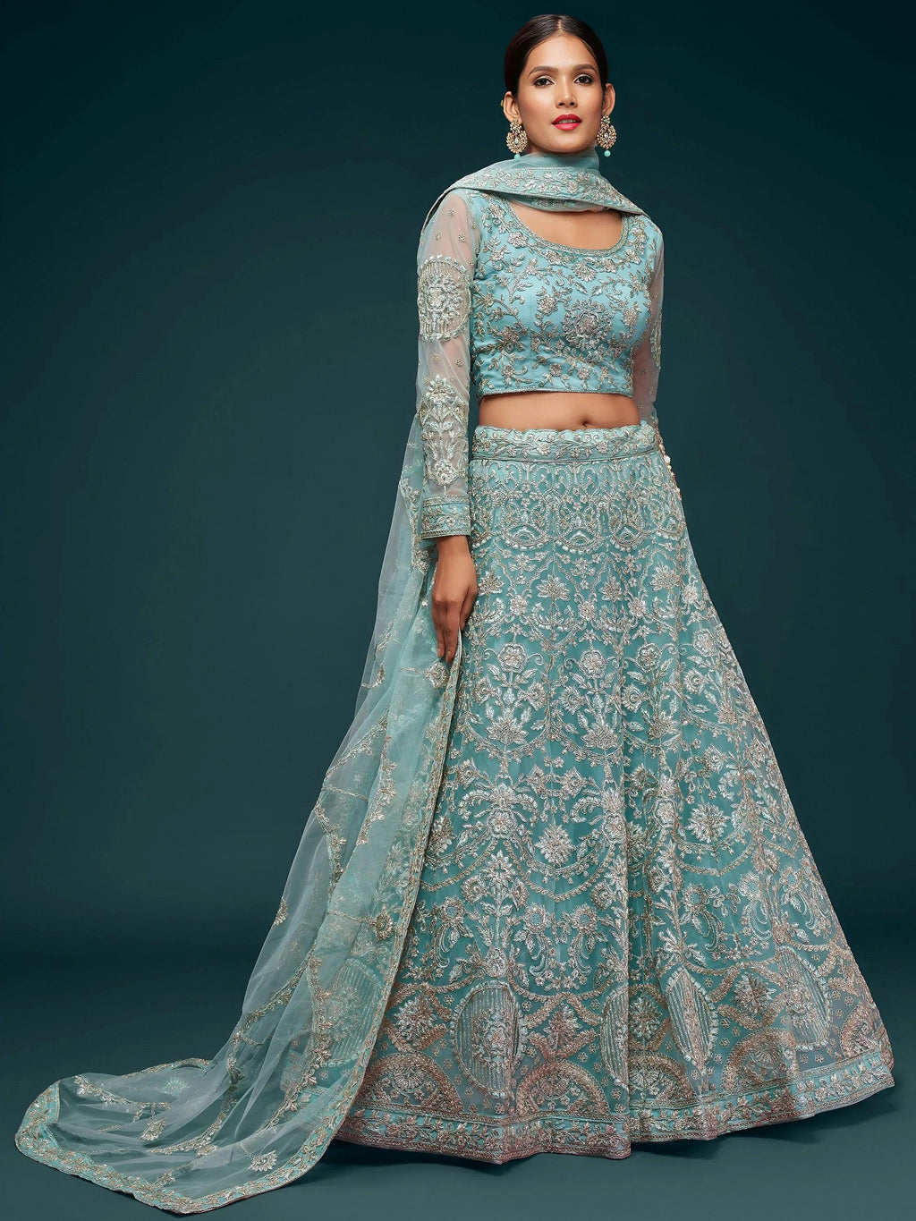 Tulsi Art Attractive Aqua Blue Embroidered Soft Net Occasion Wear Lehenga Choli | Grocsy