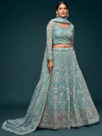 Tulsi Art Attractive Aqua Blue Embroidered Soft Net Occasion Wear Lehenga Choli | Grocsy