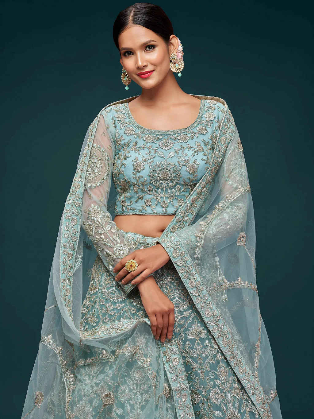 Tulsi Art Attractive Aqua Blue Embroidered Soft Net Occasion Wear Lehenga Choli | Grocsy