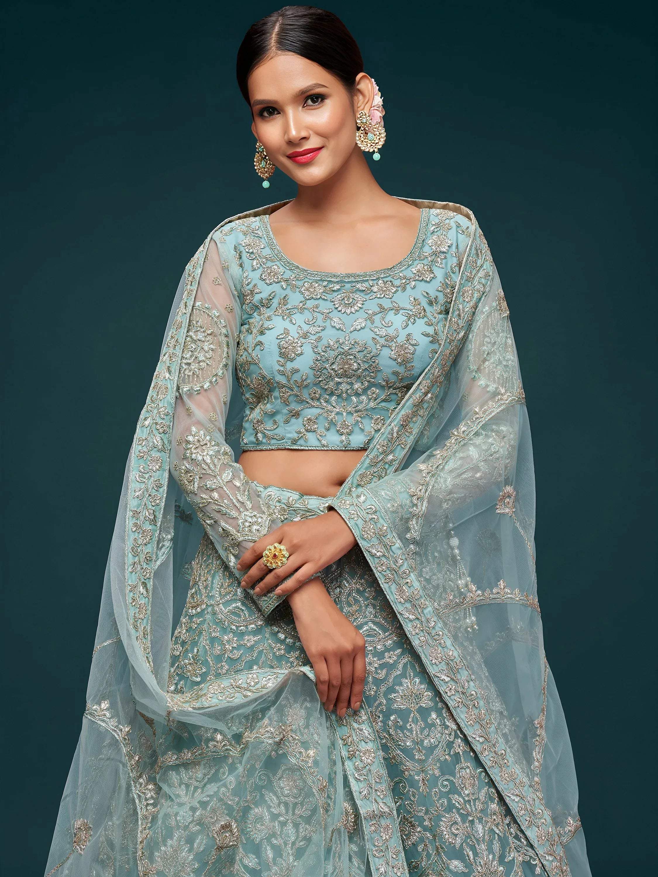 Tulsi Art Attractive Aqua Blue Embroidered Soft Net Occasion Wear Lehenga Choli | Grocsy