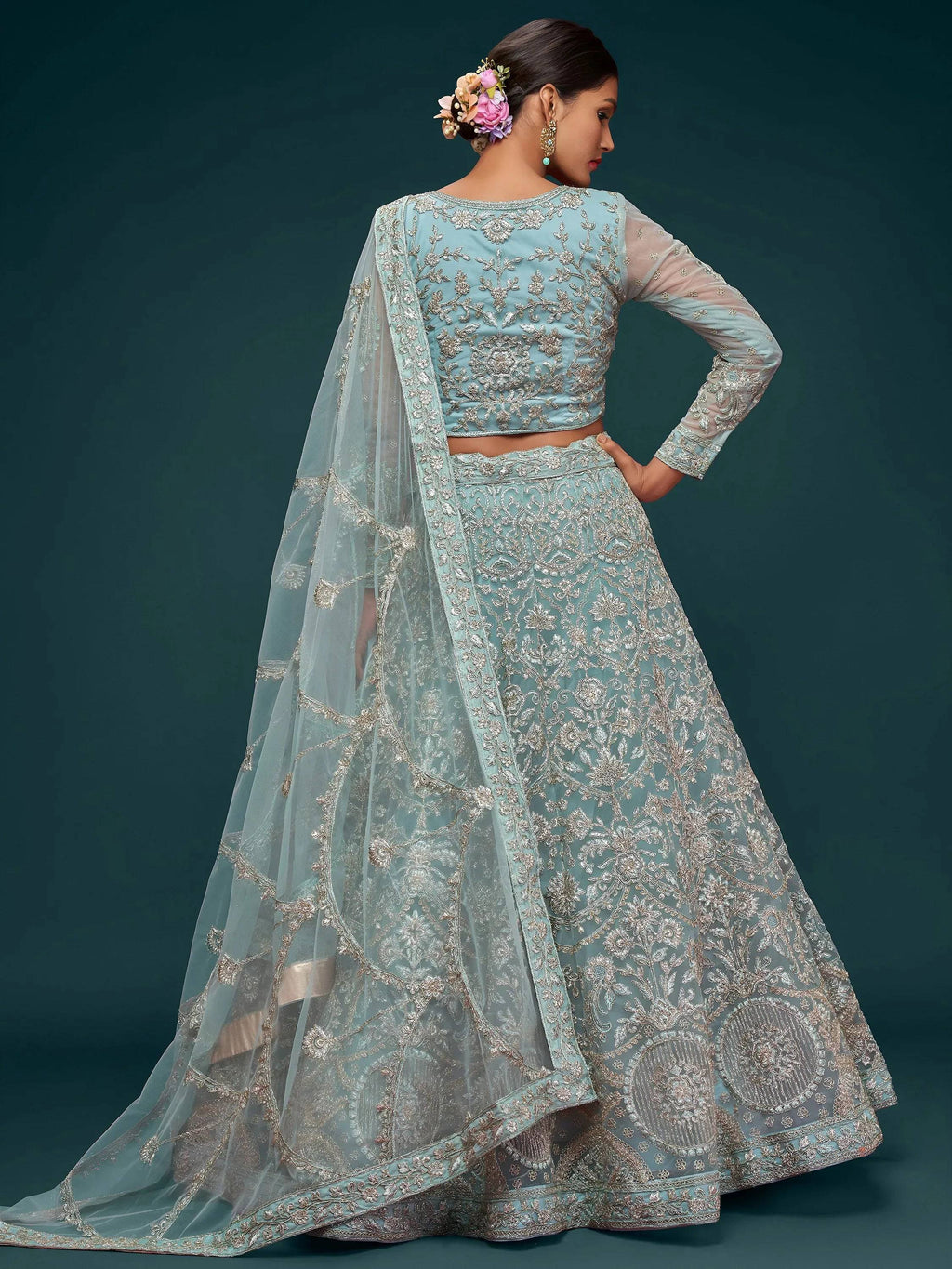 Tulsi Art Attractive Aqua Blue Embroidered Soft Net Occasion Wear Lehenga Choli | Grocsy