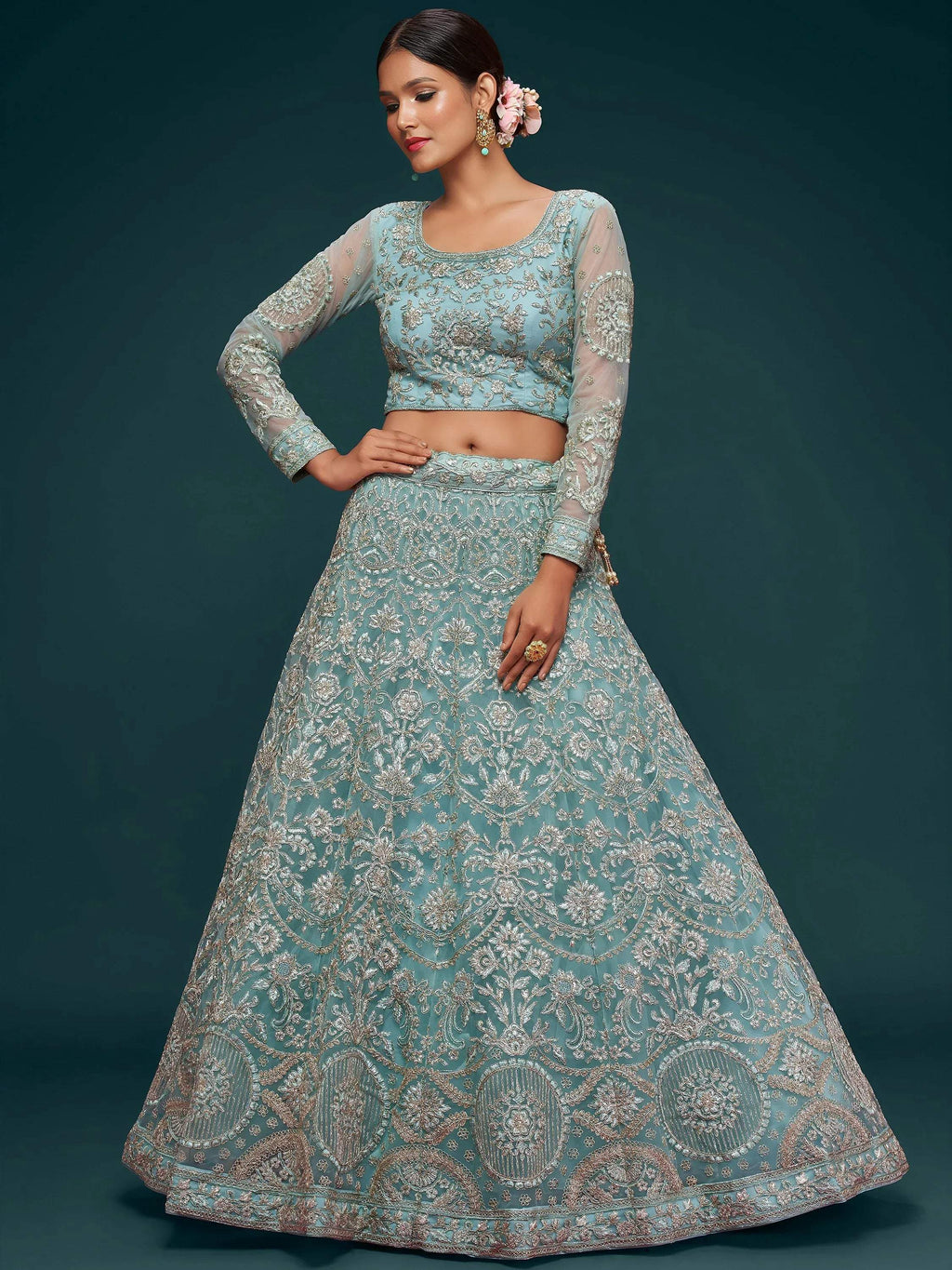 Tulsi Art Attractive Aqua Blue Embroidered Soft Net Occasion Wear Lehenga Choli | Grocsy
