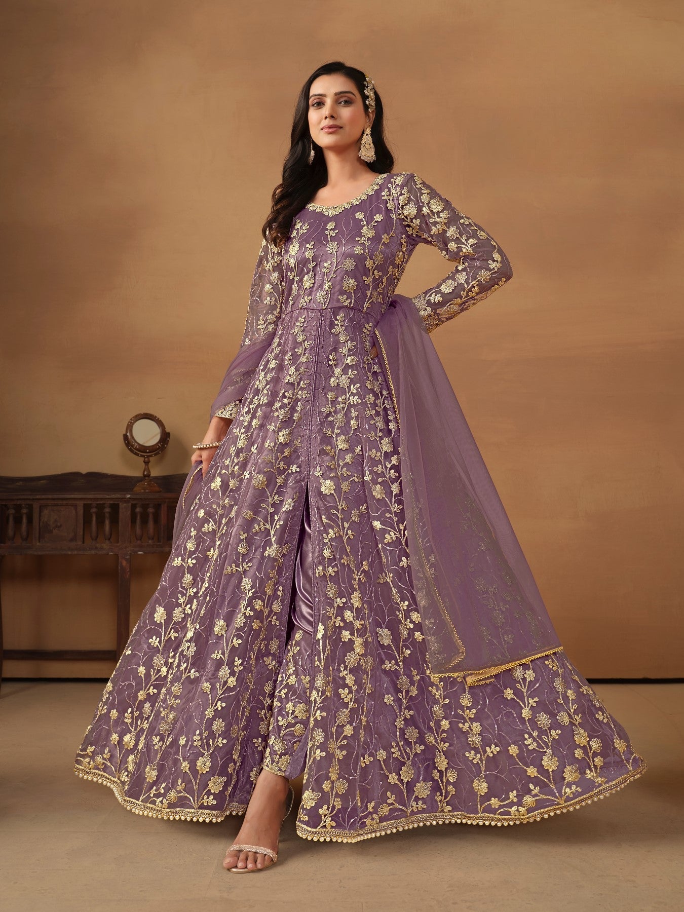 Anaita Purple Embroidered Net Anarkali Suit | Grocsy