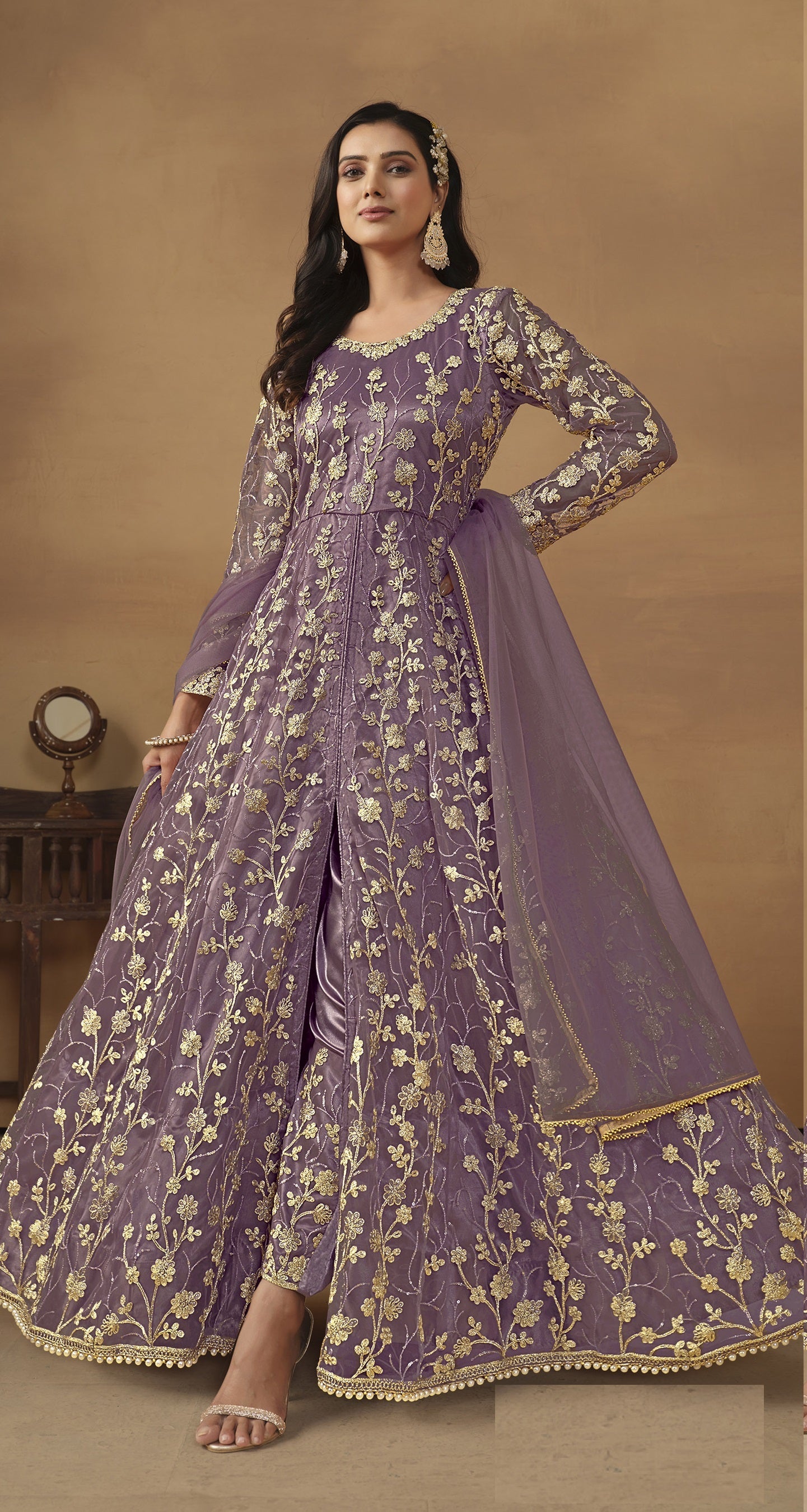 Anaita Purple Embroidered Butterfly Net Anarkali Suit | Grocsy
