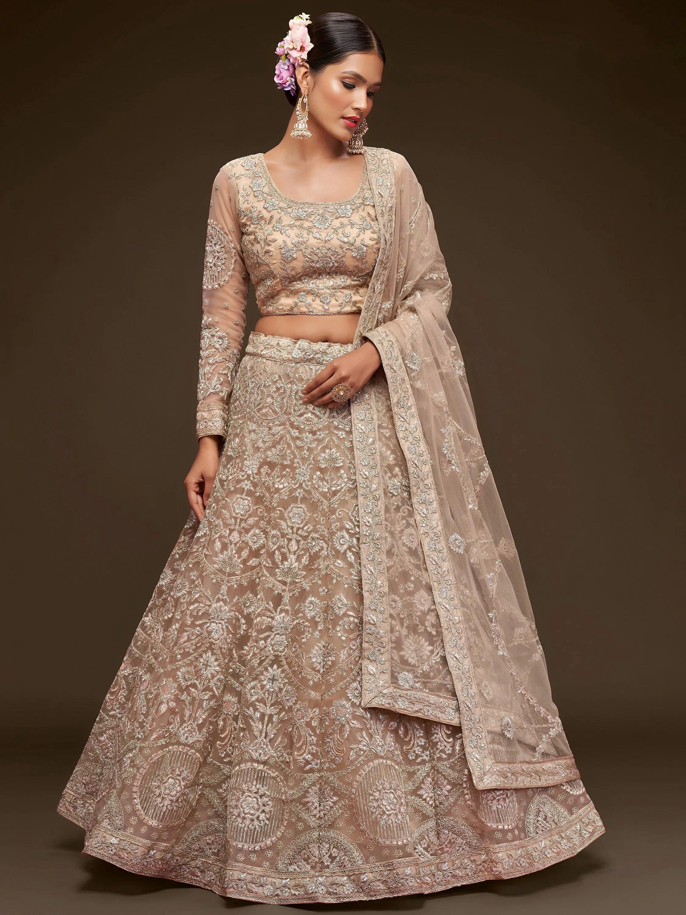 Tulsi Art Ravishing Beige Embroidered Soft Net Ceremony Wear Lehenga Choli | Grocsy