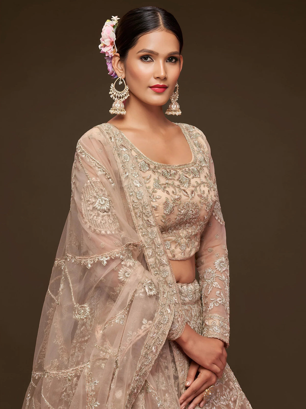 Tulsi Art Ravishing Beige Embroidered Soft Net Ceremony Wear Lehenga Choli | Grocsy