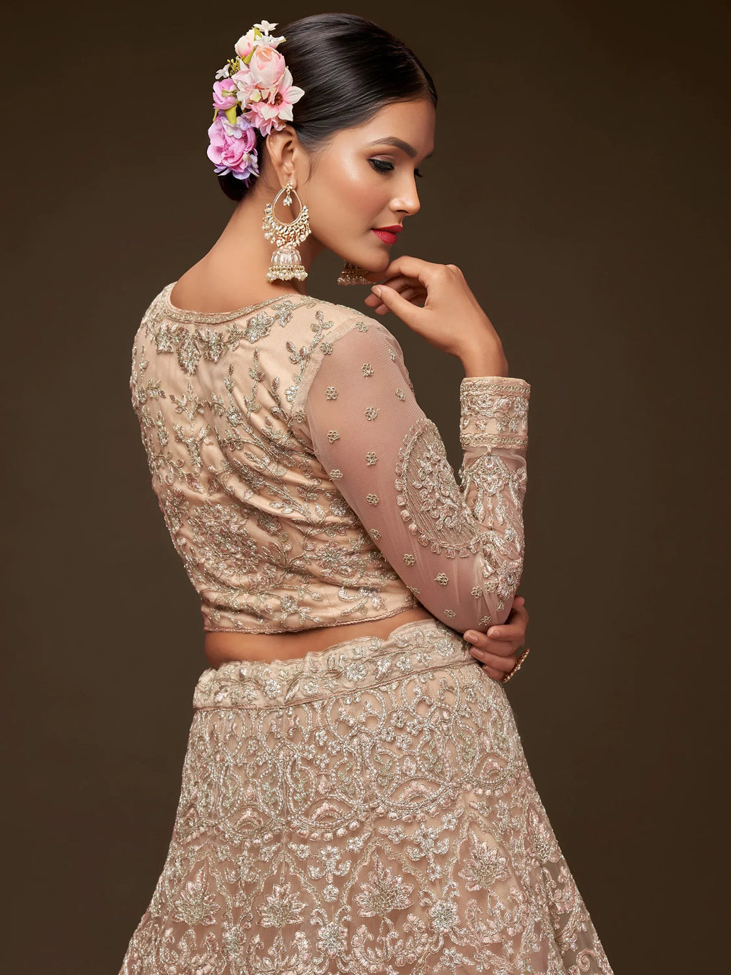 Tulsi Art Ravishing Beige Embroidered Soft Net Ceremony Wear Lehenga Choli | Grocsy