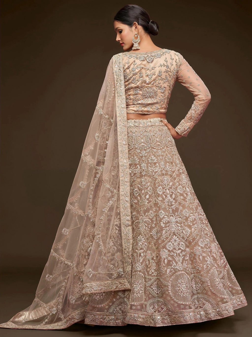 Tulsi Art Ravishing Beige Embroidered Soft Net Ceremony Wear Lehenga Choli | Grocsy