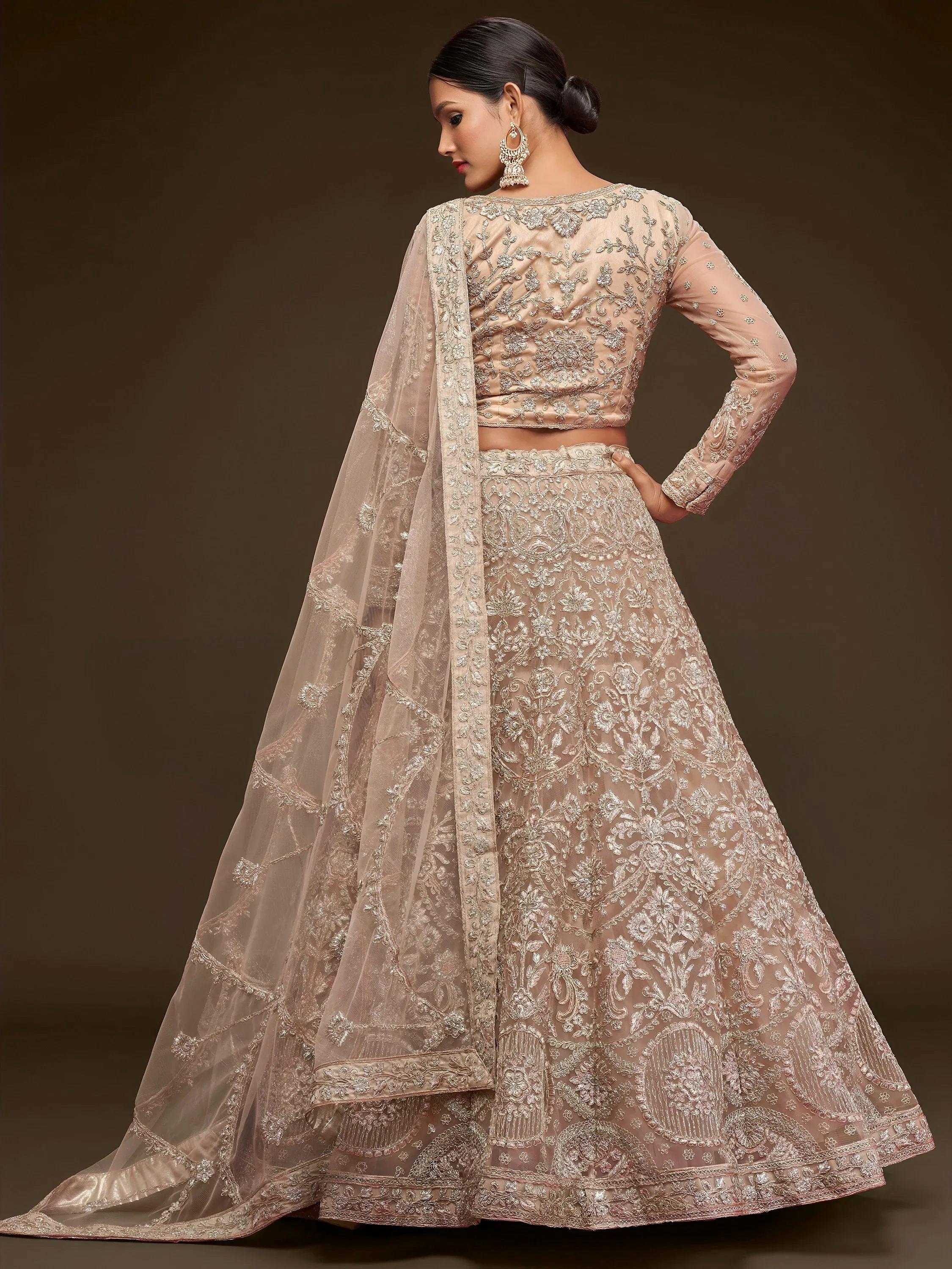 Tulsi Art Ravishing Beige Embroidered Soft Net Ceremony Wear Lehenga Choli | Grocsy