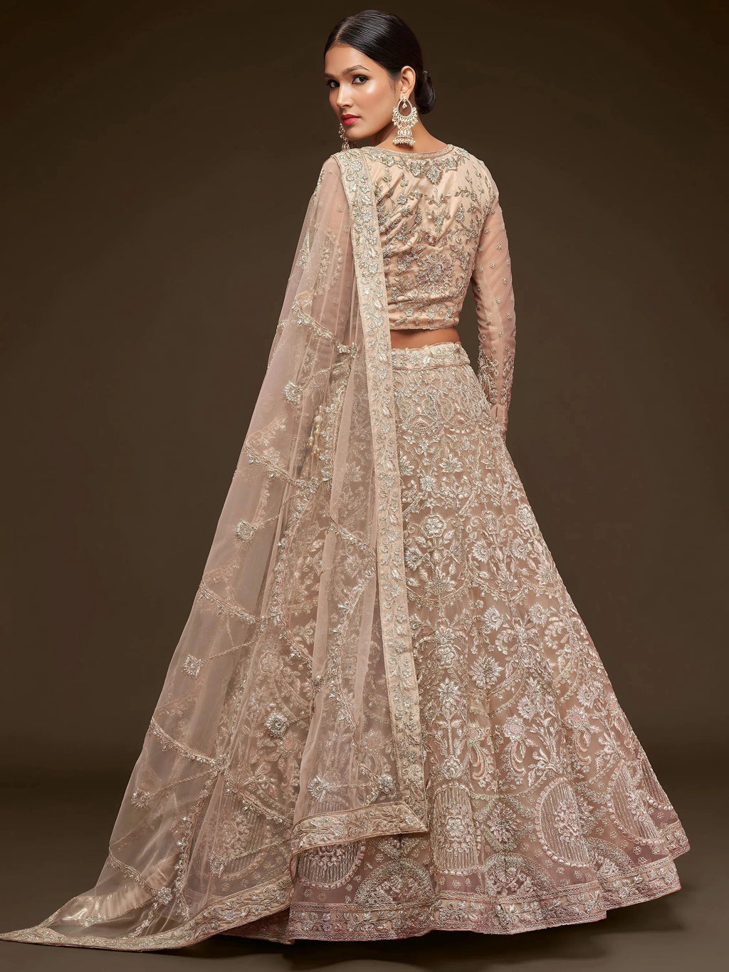Tulsi Art Ravishing Beige Embroidered Soft Net Ceremony Wear Lehenga Choli | Grocsy
