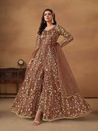 Anaita Brown Embroidered Net Anarkali Suit | Grocsy
