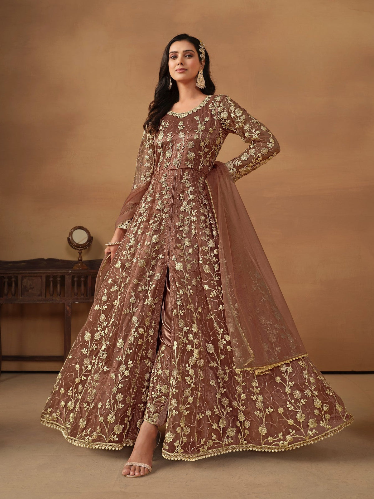 Anaita Brown Embroidered Net Anarkali Suit | Grocsy
