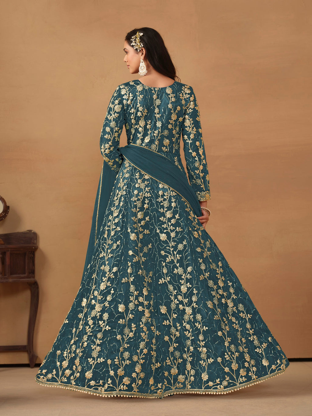 Anaita Dark Grey Embroidered Butterfly Net Anarkali Suit | Grocsy