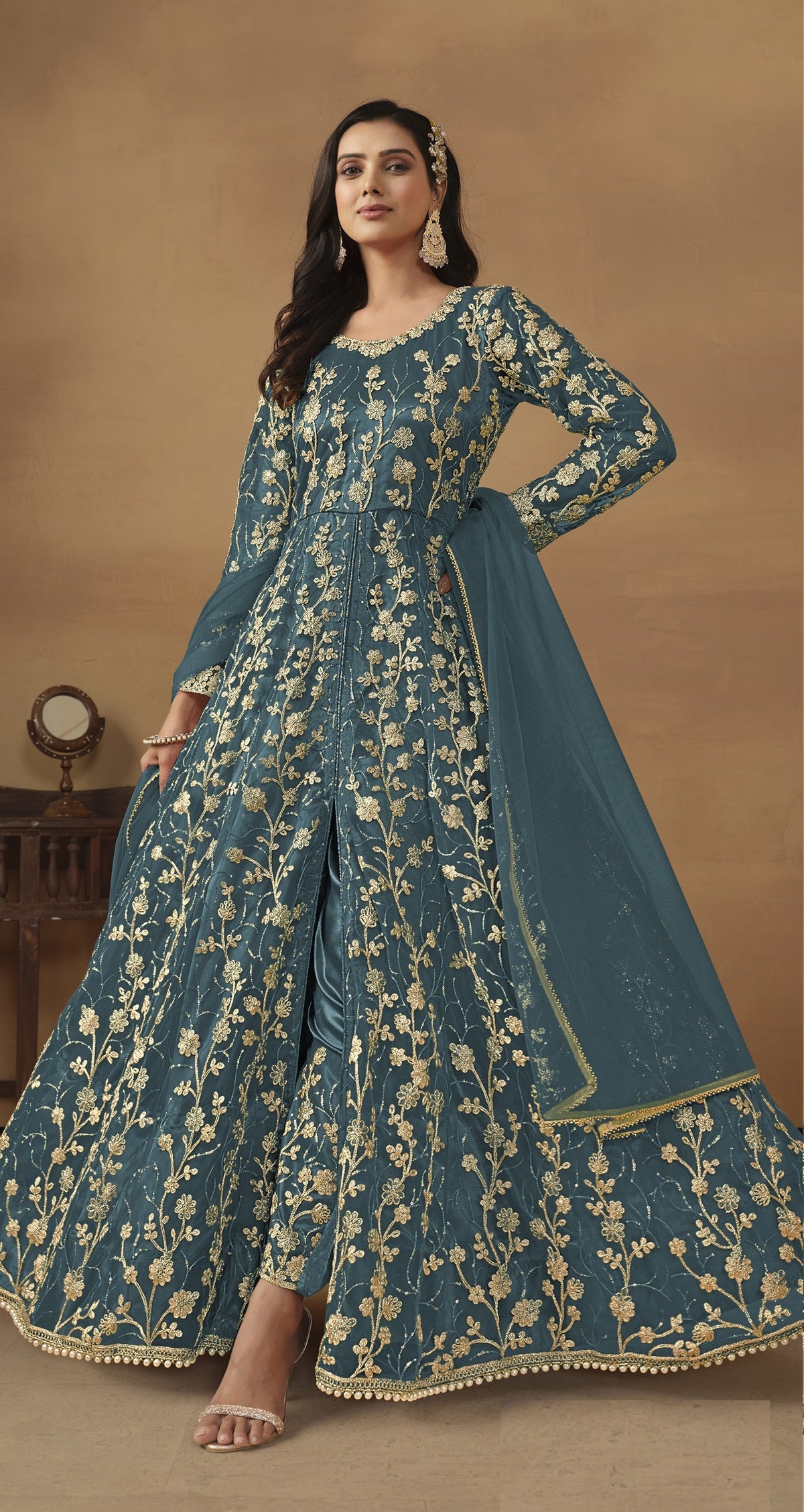 Anaita Dark Grey Embroidered Butterfly Net Anarkali Suit | Grocsy