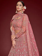 Tulsi Art Captivating Pink Embroidered Soft Net Event Wear Lehenga Choli | Grocsy