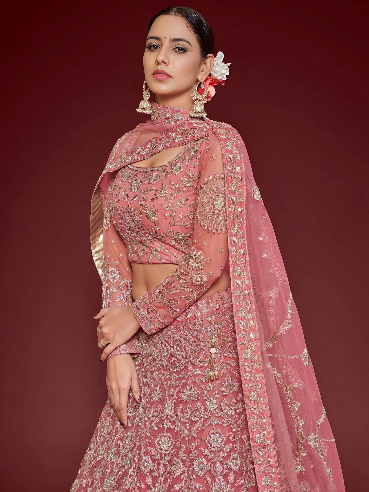 Tulsi Art Captivating Pink Embroidered Soft Net Event Wear Lehenga Choli | Grocsy