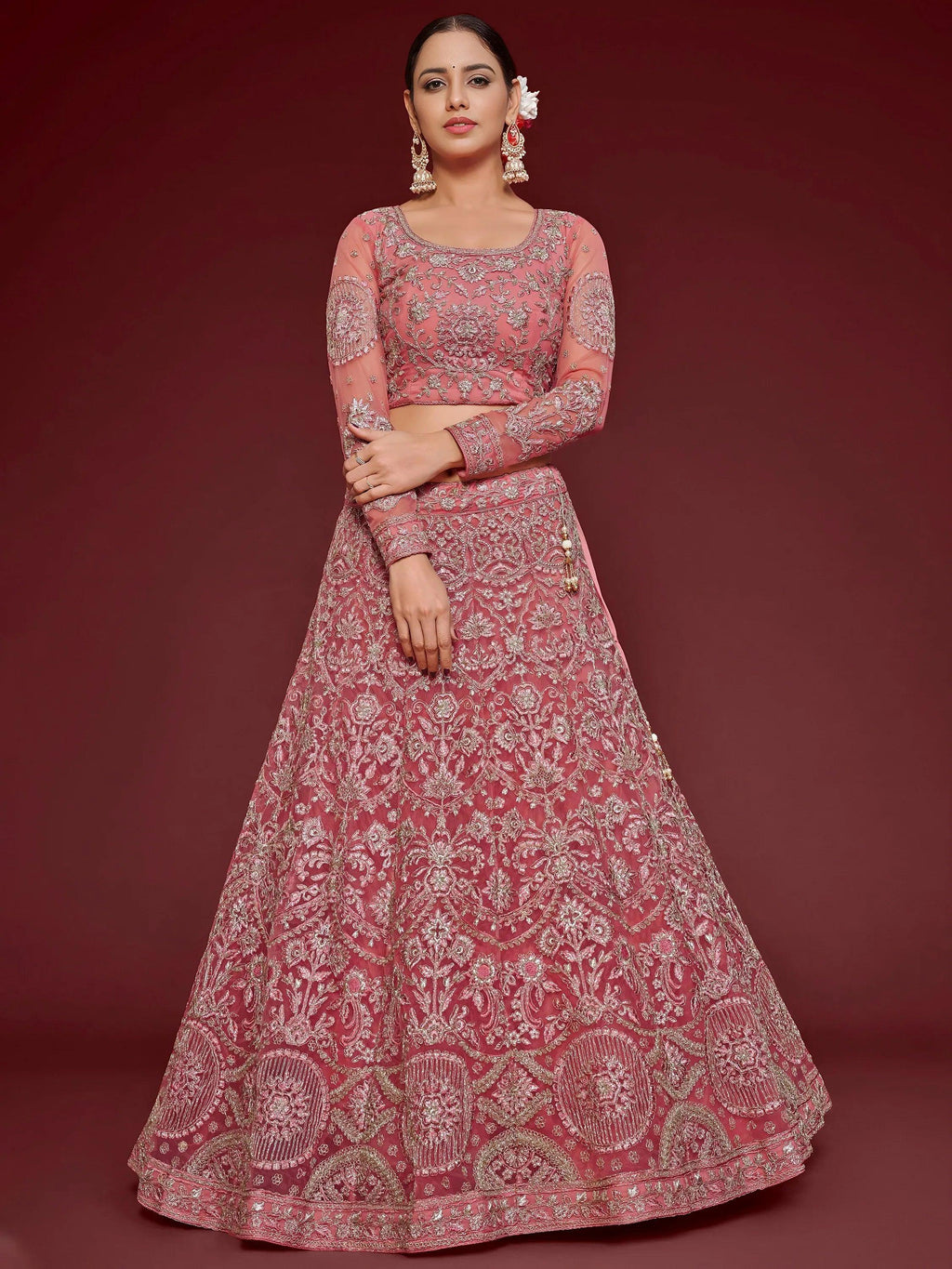 Tulsi Art Captivating Pink Embroidered Soft Net Event Wear Lehenga Choli | Grocsy