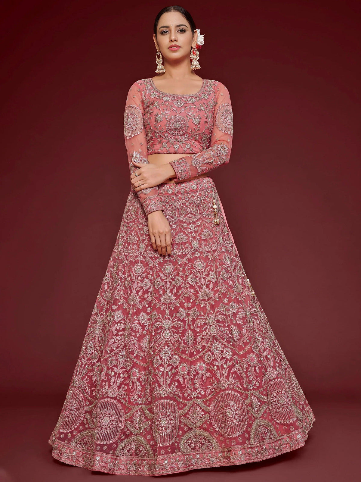 Tulsi Art Captivating Pink Embroidered Soft Net Event Wear Lehenga Choli | Grocsy