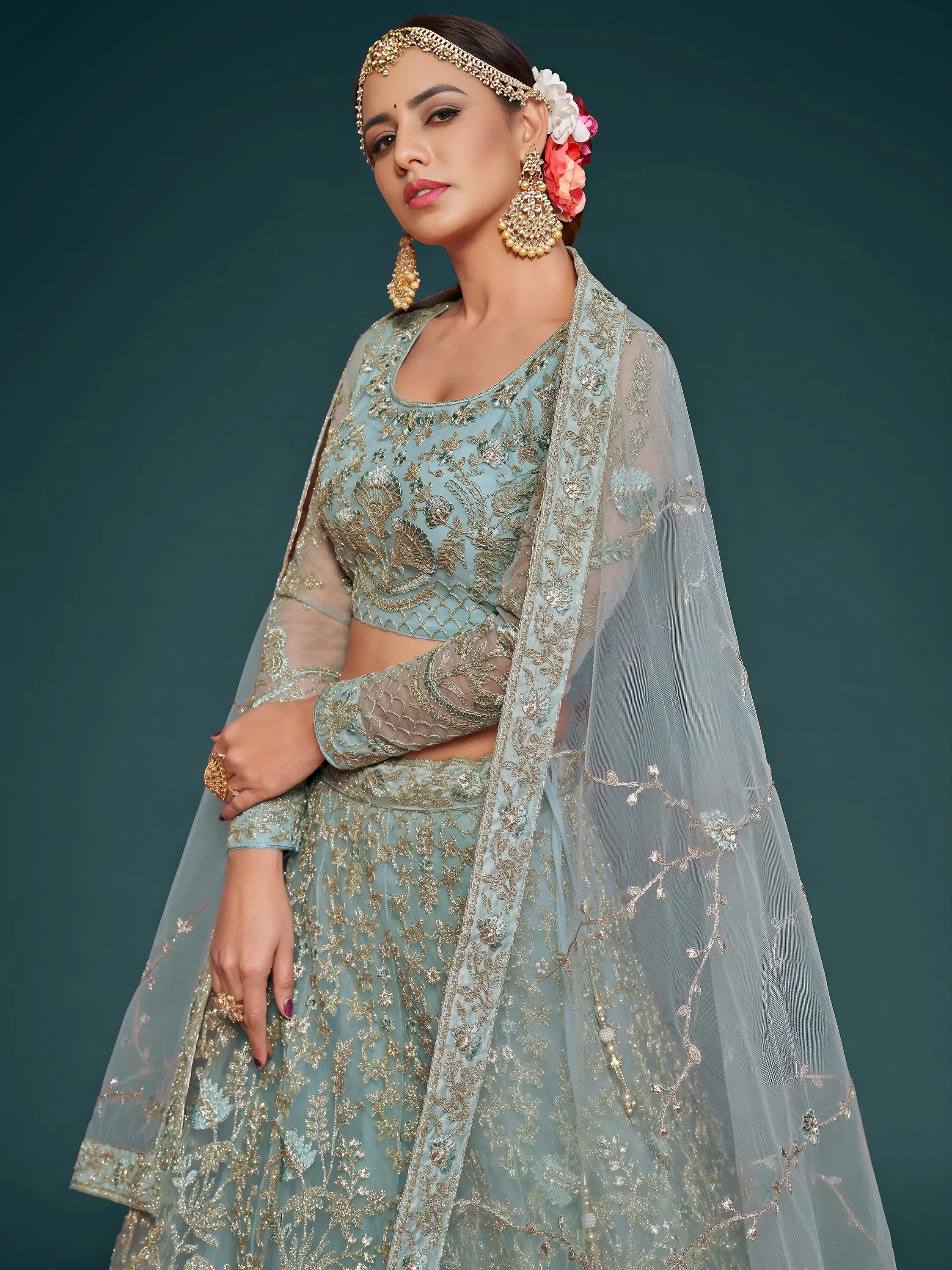 Tulsi Art Exquisite Sky-Blue Dori Work Soft Net Ceremony Wear Lehenga Choli | Grocsy